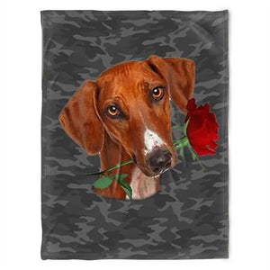 Azawakh Dog Holding A Rose Valentine's Day Camo Background Fleece Blanket Home Decor Bedding Couch Sofa Soft And Comfy Cozy