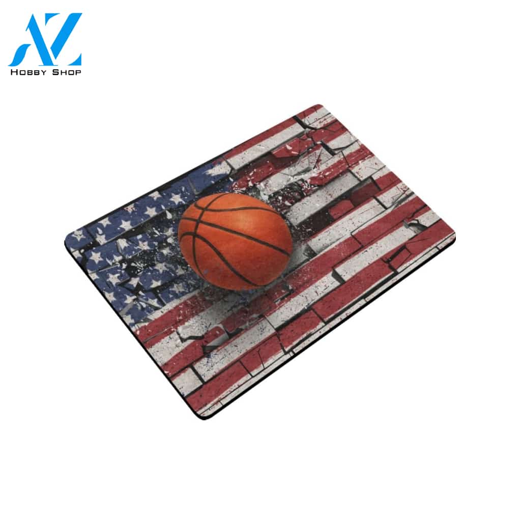 Basketball Broken Wall American Flag Funny Indoor And Outdoor Doormat Warm House Gift Welcome Mat Gift For Basketball Lovers