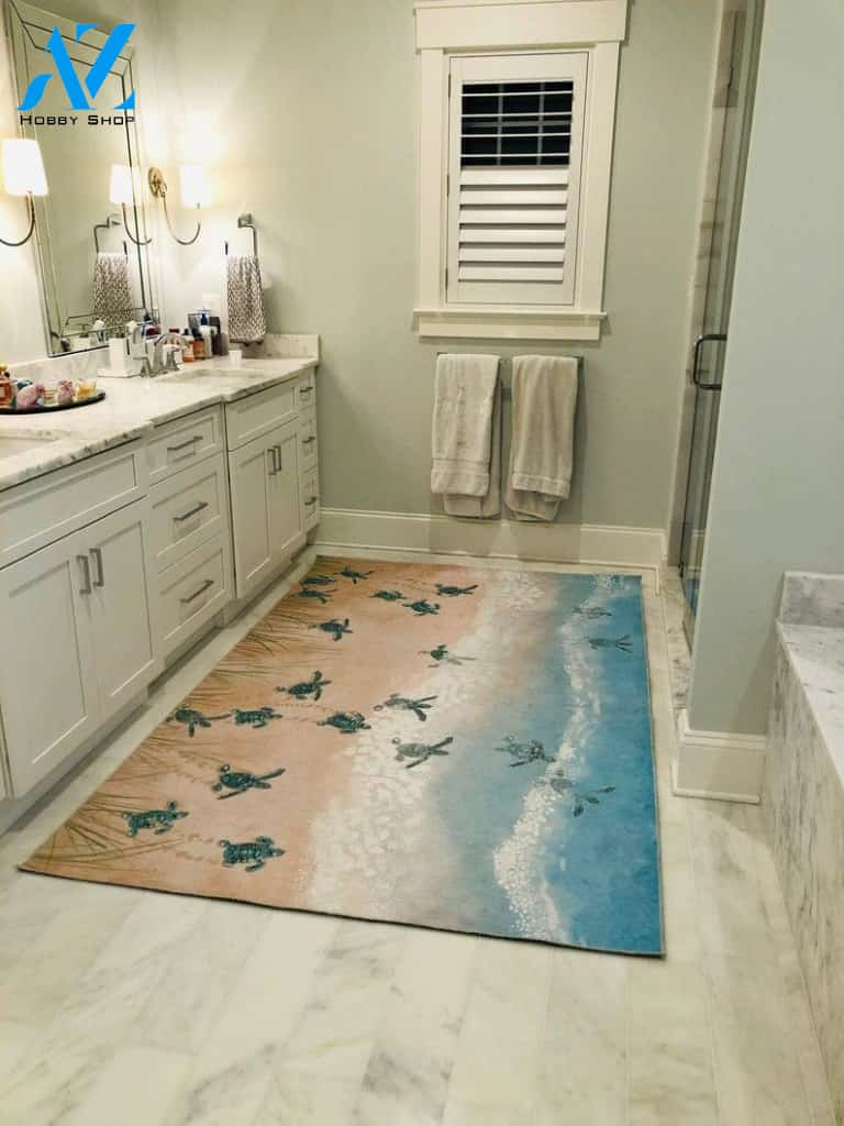 Bathroom Rug & Mat, Sea Turtle Aqua, Designer mats rugs, Floral Bath thin area rug runner, Entryway, Kitchen decoration idea decor