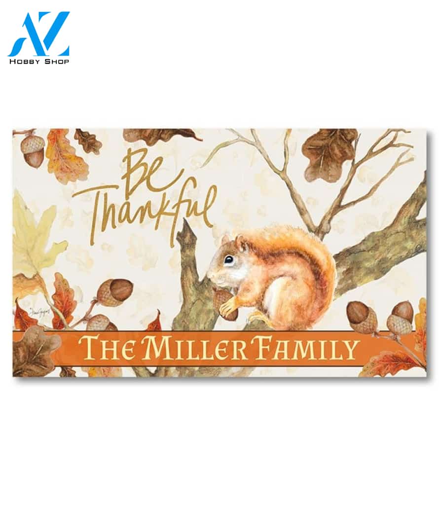 Be Thankful Harvest Squirrel Personalized Doormat - 18" x 30"