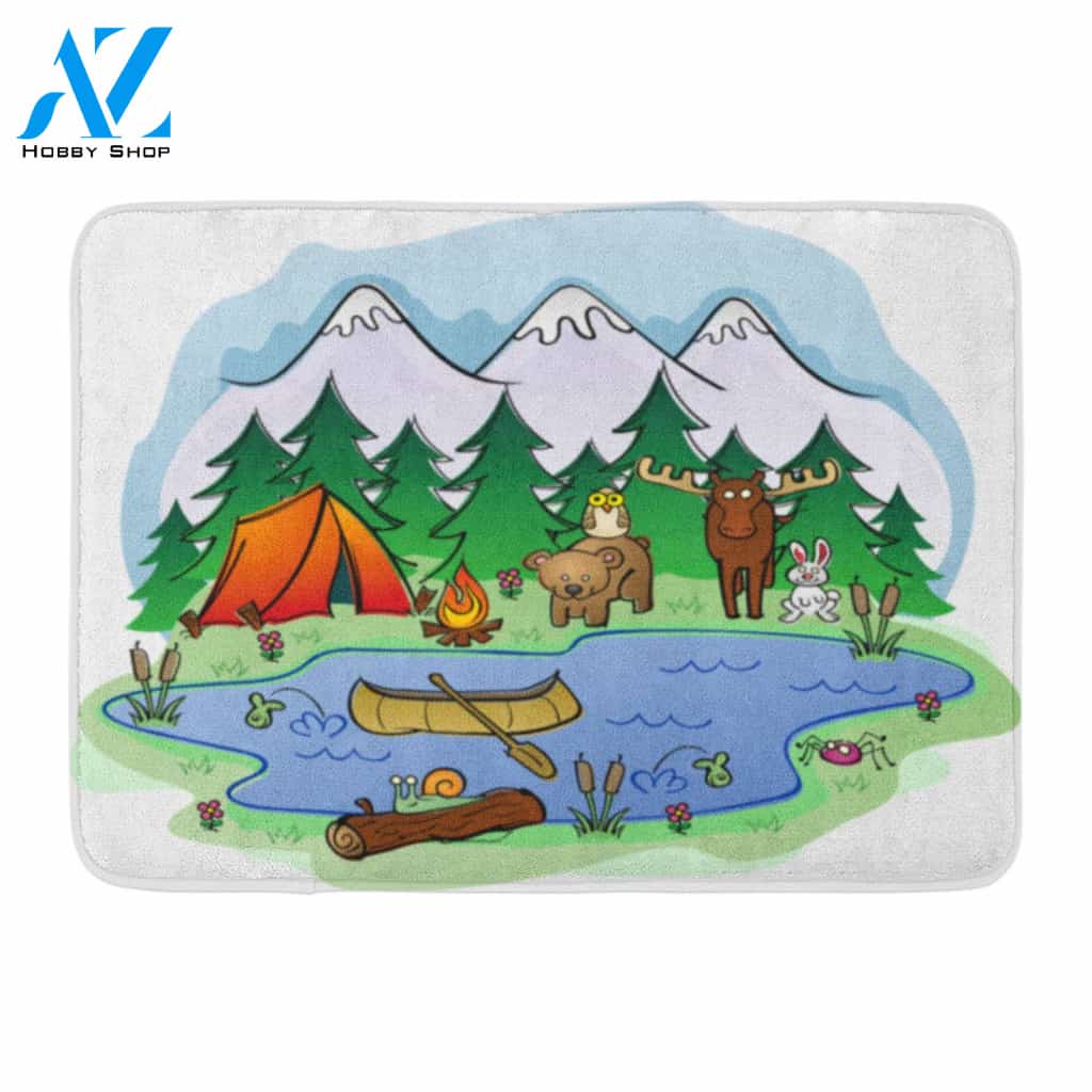 Bear Camping In Summer Friends Hiking Creatures Forest Nature Doormat Welcome Mat House Warming Gift Home Decor Funny Doormat Gift Idea