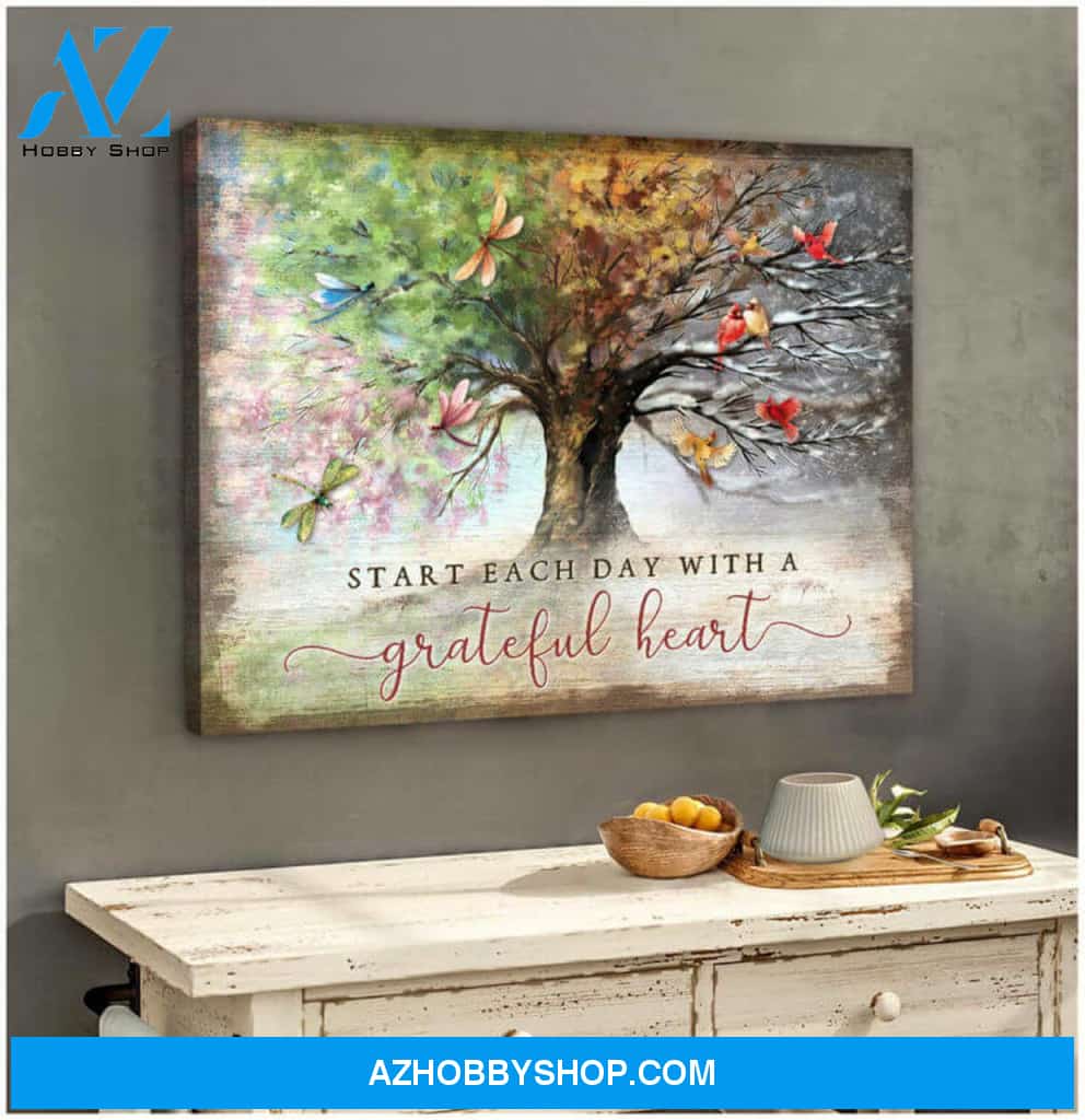 Beautiful Dragonfly And Cardinal Canvas Start Each Day With A Grateful Heart Wall Art Decor | Moosfy Wrap Canvas Ready To Hang