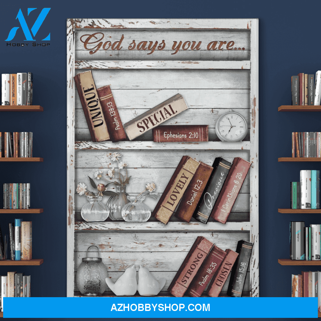 Portrait God Canvas - Bible Verse Wall Art - Bookshelf - God says you are 1 Canvas