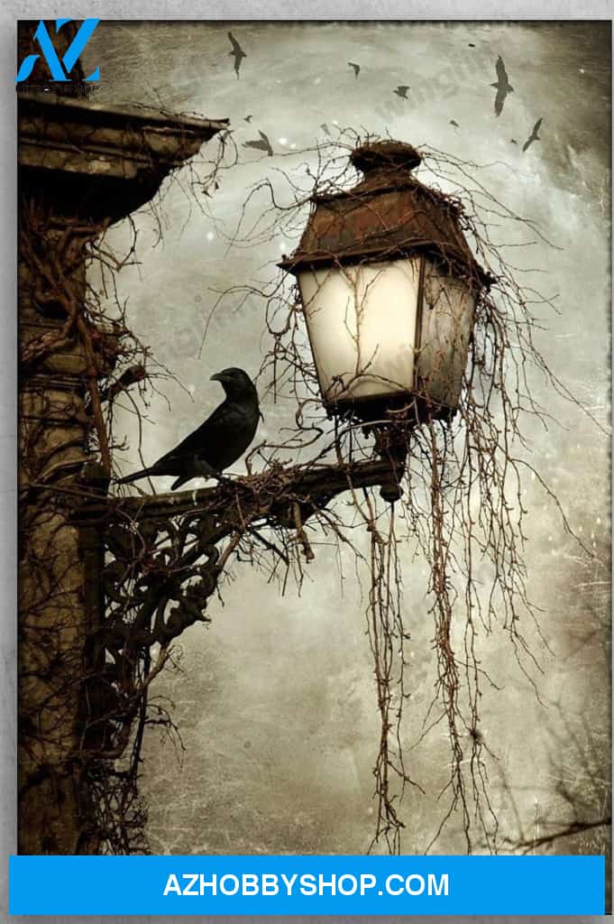 Black Bird And A Lamp Horror Halloween Landscape Canvas And Poster, Wall Decor Visual Art, Halloween Gift, Happy Halloween