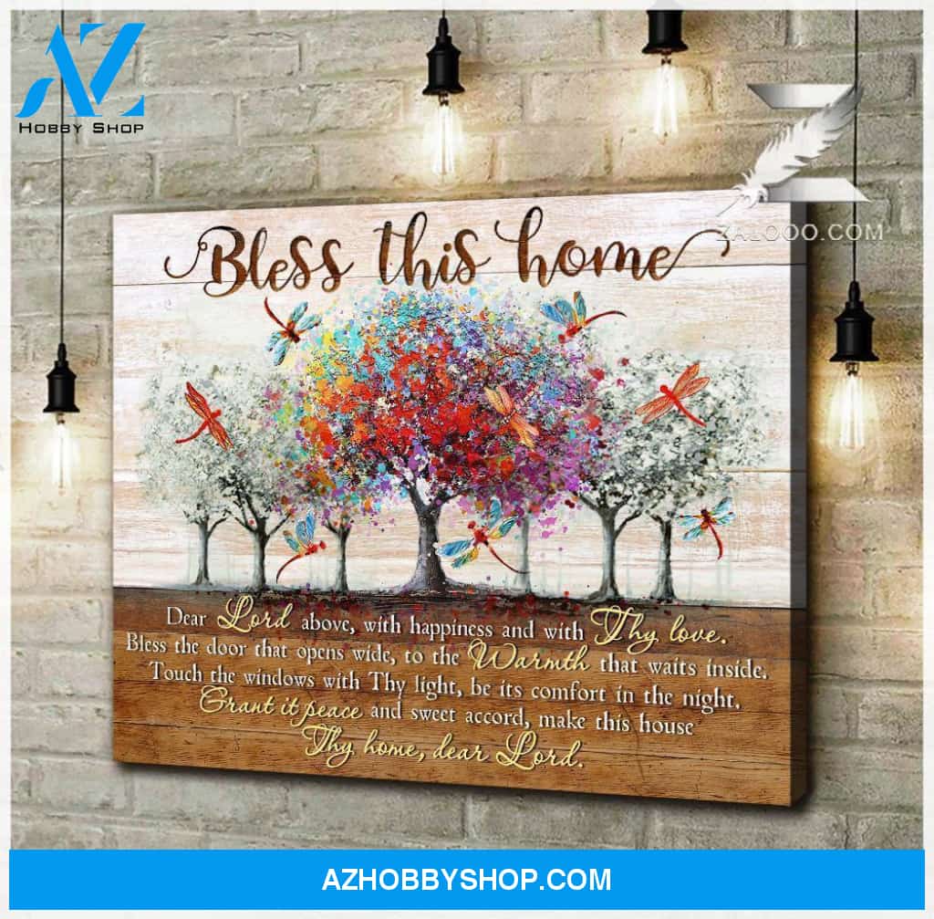Bless This Home Dragonfly Wall Art Canvas, Wall Decor Visual Art
