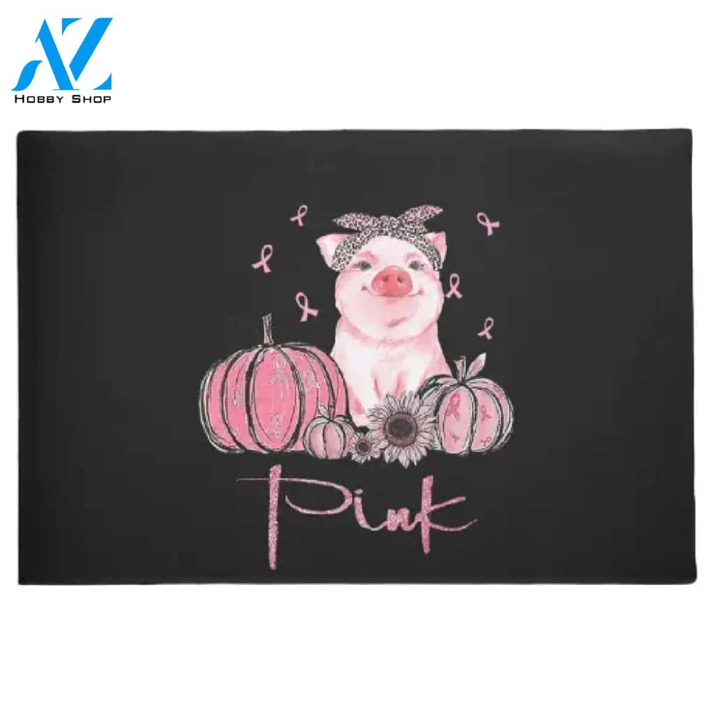 Breast Cancer - Pig With Black Bow Pumkin In October We Wear Pink Doormat Welcome Mat House Warming Gift Home Decor Gift for Pig Lovers Funny Doormat Gift Idea