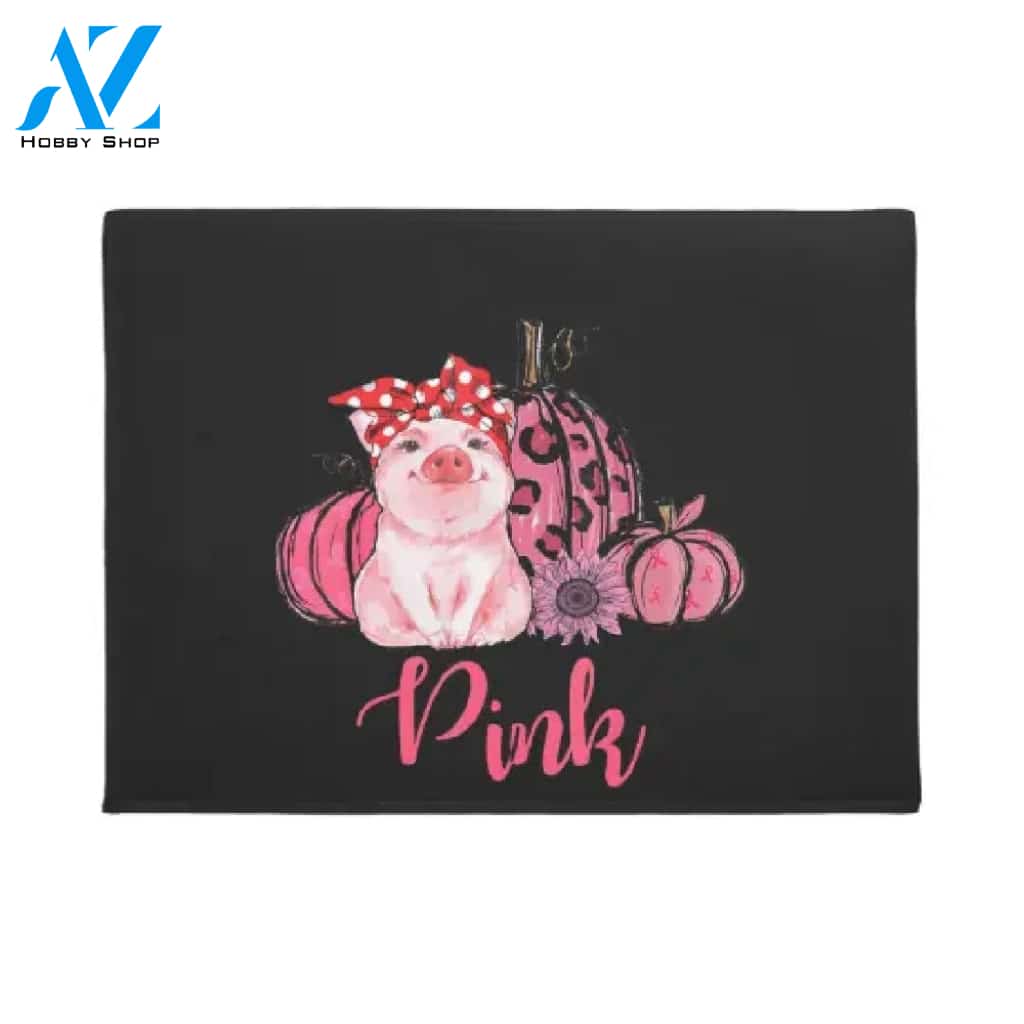 Breast Cancer - Pig With Red Bow Pumkin In October We Wear Pink Doormat Welcome Mat House Warming Gift Home Decor Gift for Pig Lovers Funny Doormat Gift Idea