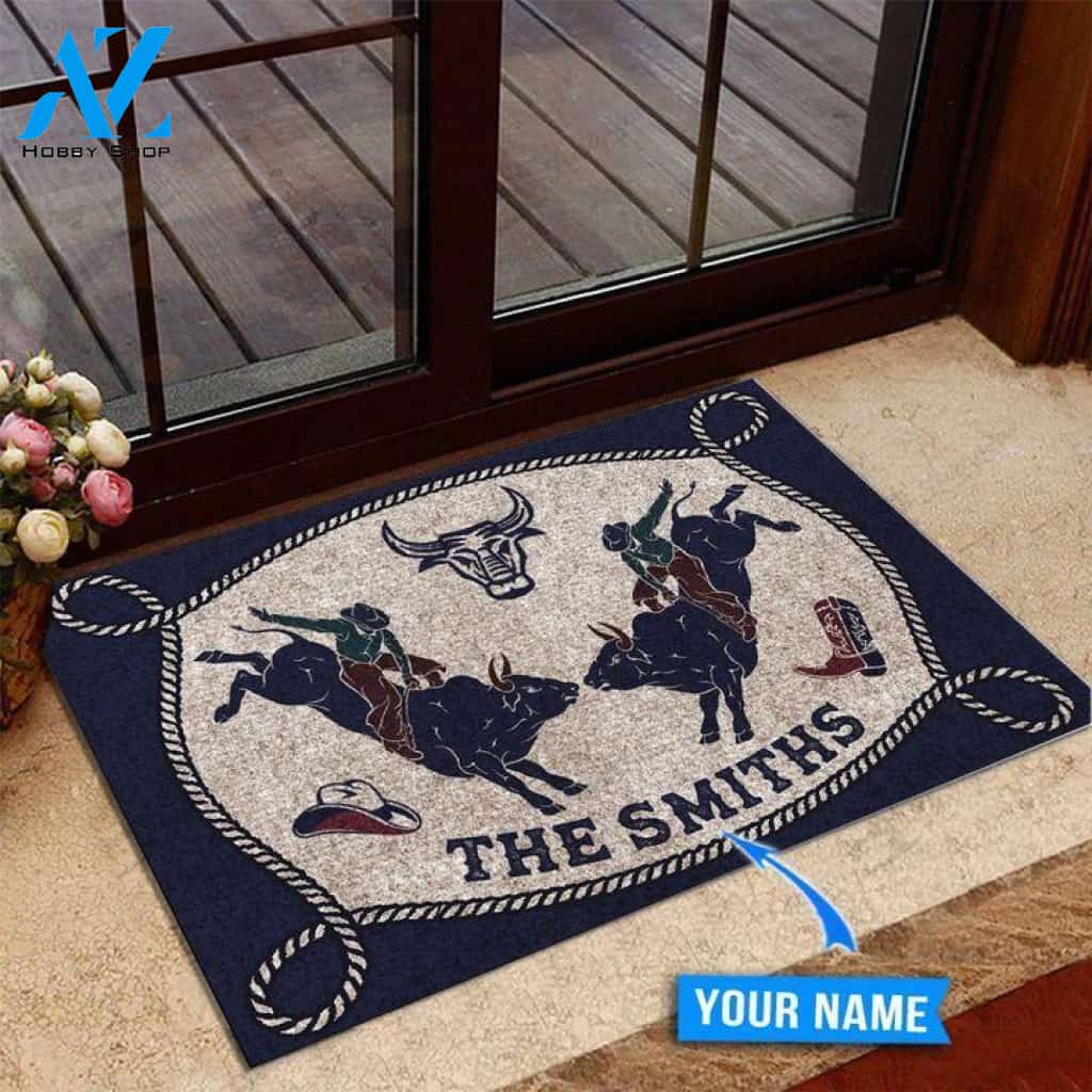 Bull Riding Unique Blue Custom Doormat | Welcome Mat | House Warming Gift