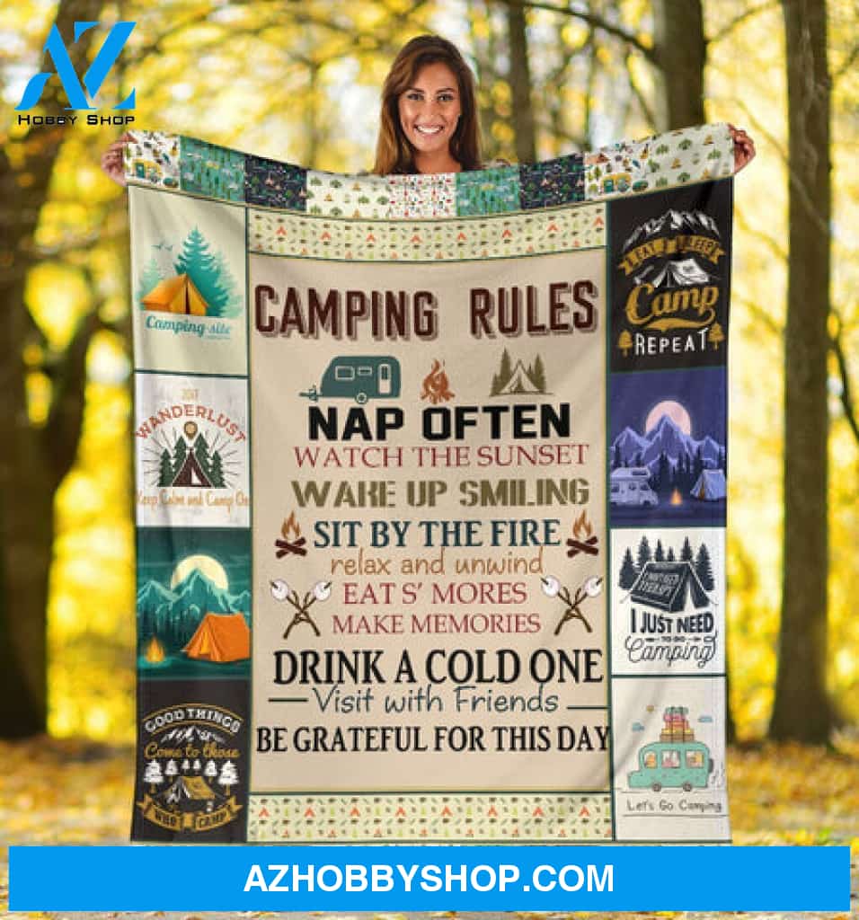 Camping Blanket, Eat Sleep Camp Repeat Camping Rules Fleece Blanket