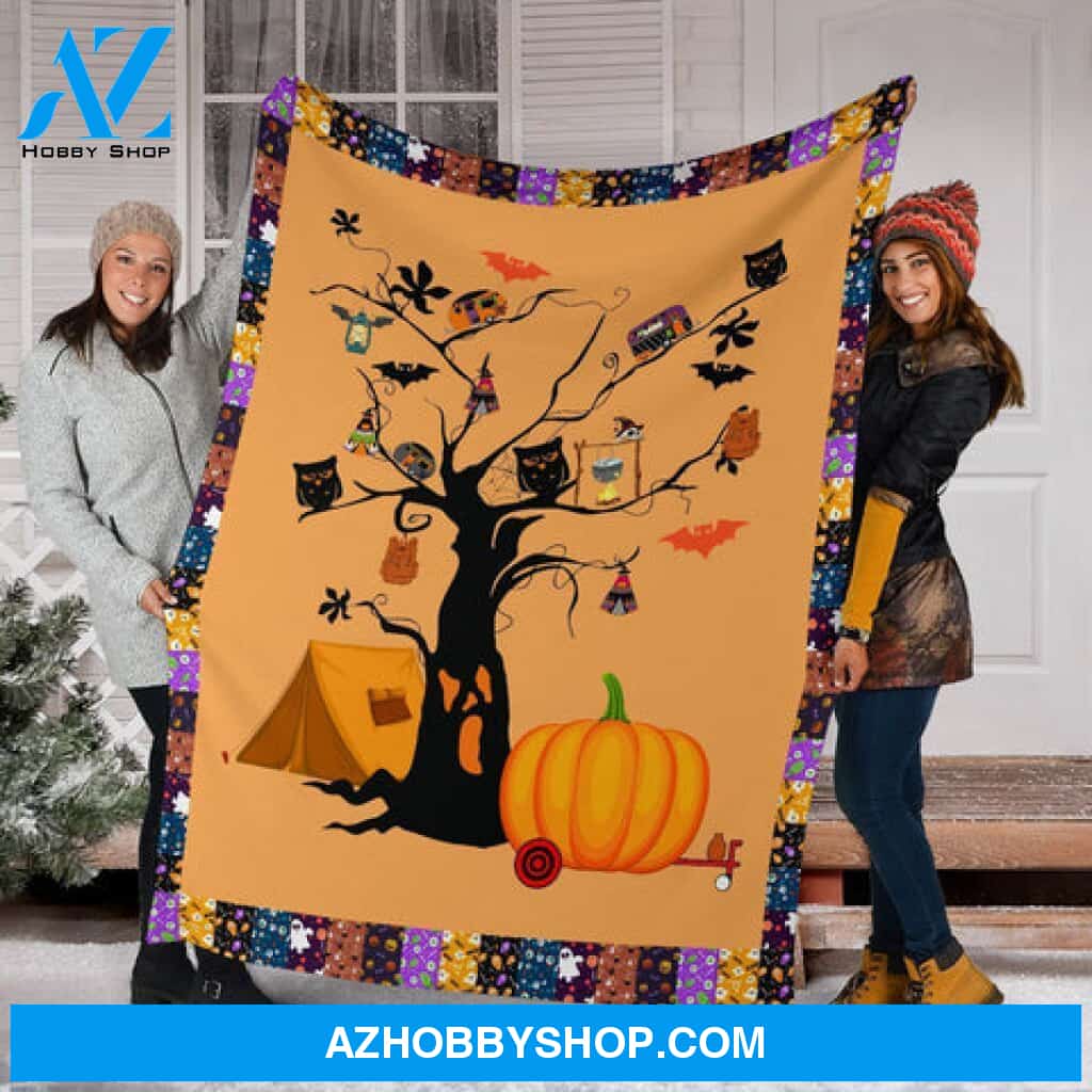 Camping Blanket, Camping Pumpkin Halloween Fleece Blanket