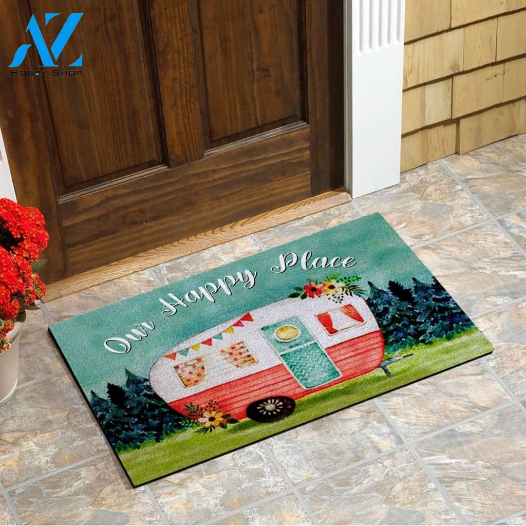 Camping Doormat, Our Happy Place Camping Doormat For RV, RV Beautiful Graphic doormart
