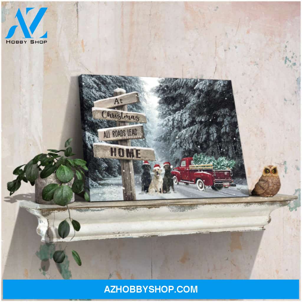 Canvas Wall Decor Christmas Gifts Red Truck and Labrador Retriever At Christmas All roads lead home Ohcanvas