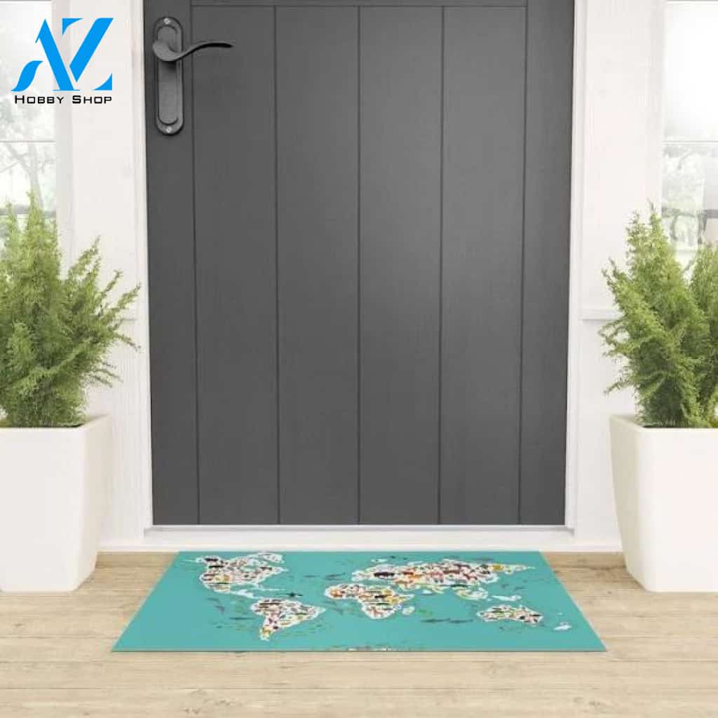Cartoon Animal World Map Funny Indoor And Outdoor Doormat Warm House Gift Welcome Mat Birthday Gift For Kids Student Class Teacher School