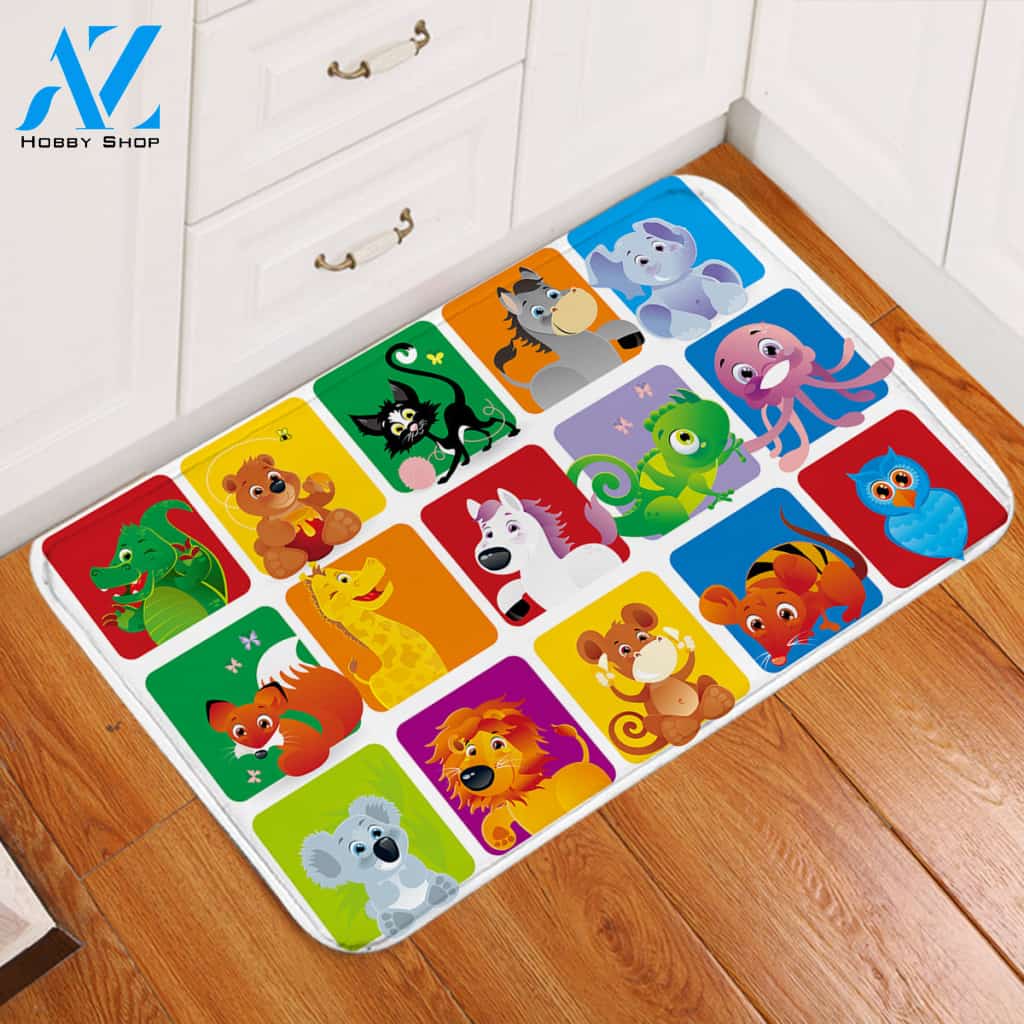 Cartooned Animals Colorblocks Door Mat