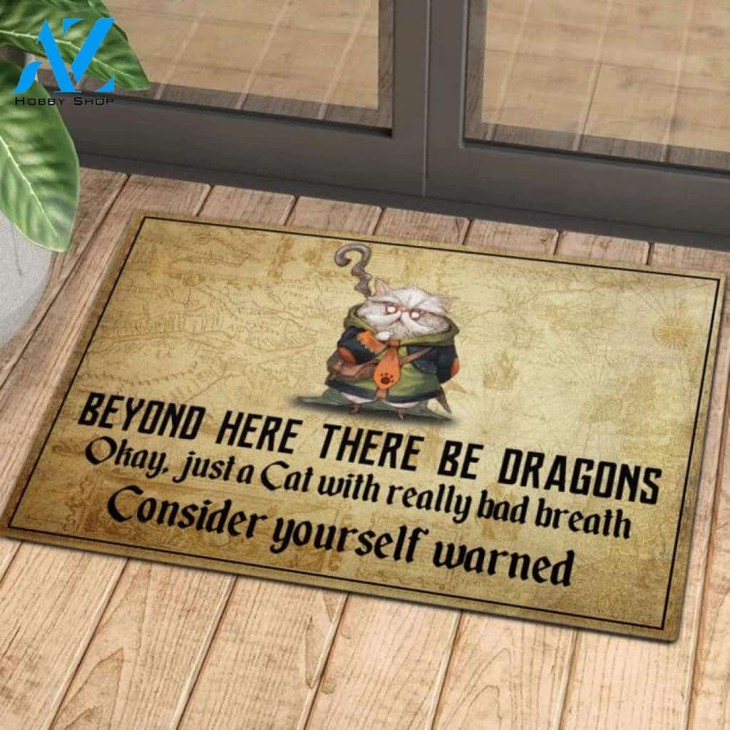 Cat Beyond Here There Be Dragons Easy Clean Welcome DoorMat | Felt And Rubber | DO2441