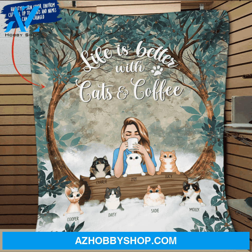 Personalized Cat Custom Fleece Blanket - Life Is Better With Cats And Coffee