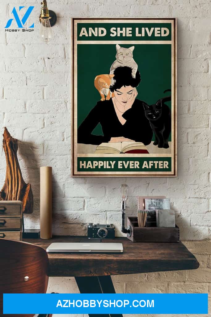 Cat Lovers Reading Books And She Lived Happily Ever After Canvas And Poster, Wall Decor Visual Art