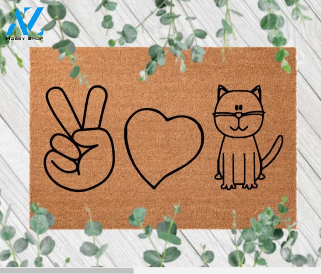 Cat Peace Love Cats Doormat, Cat Lady Door Mat, Outdoor Welcome Mat, Gift for Cat Lover, Birthday Gift, Welcome Mat, Front Door Decor