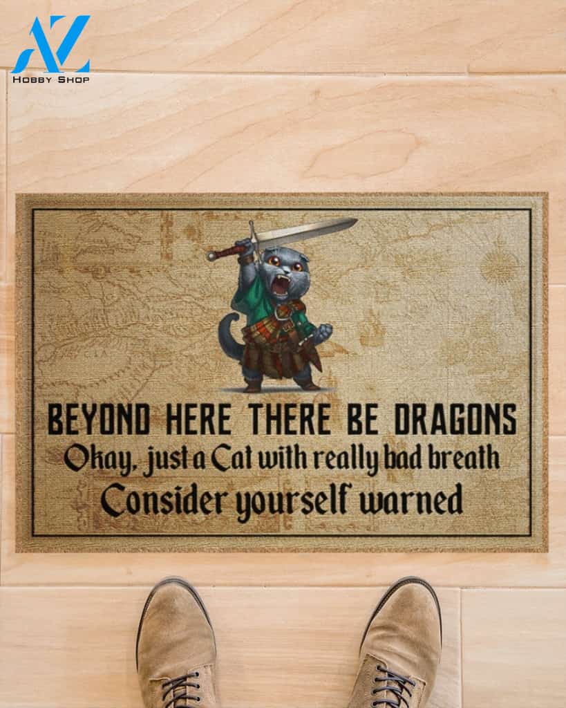 Cat with sword beyond here there be dragons doormat