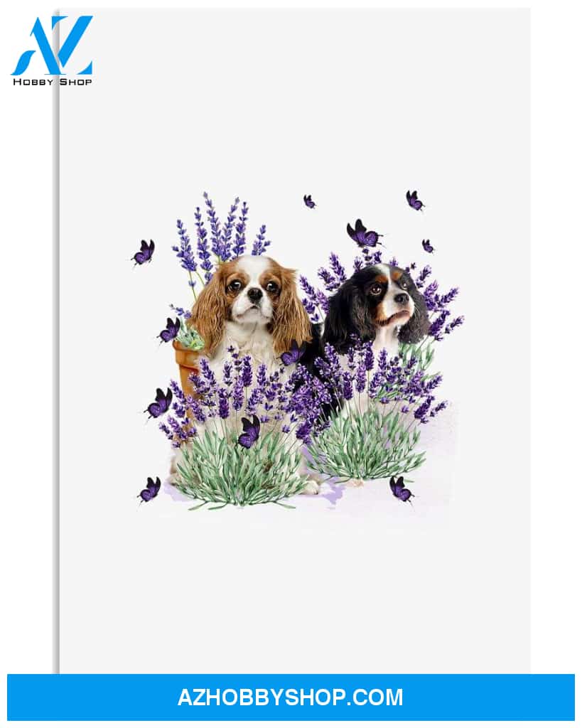 Cavalier King Spaniel with lavender flower poster