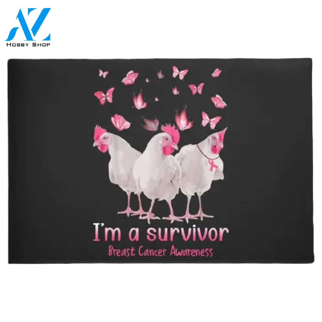 Personalized Name Family House Chicken And Butterfly Breast Cancer Awareness Pink Doormat Welcome Mat House Warming Gift Home Decor Gift For Chicken Lovers Funny Doormat Gift Idea