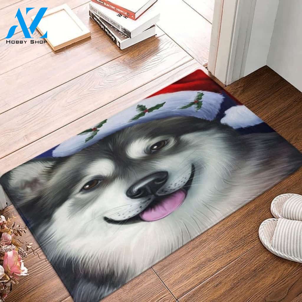 Christmas Alaskan Malamute Dog Holiday Portrait With Santa Hat Indoor And Outdoor Mat Entrance Rug Sweet Home Decor Housewarming, Gift For Dog Loves, Friend, Family