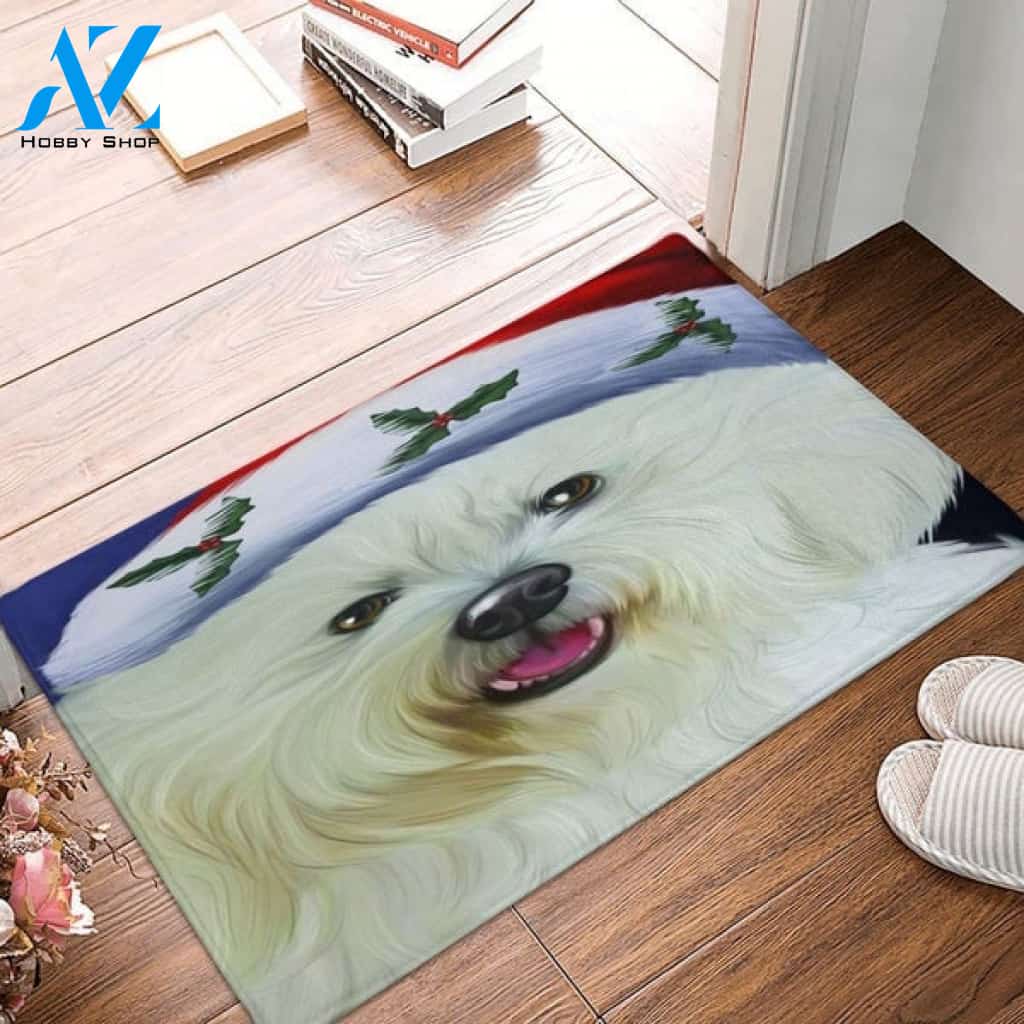 Christmas Bichon Dog Holiday Portrait With Santa Hat Indoor And Outdoor Mat Entrance Rug Sweet Home Decor Housewarming, Gift For Dog Loves, Friend, Family