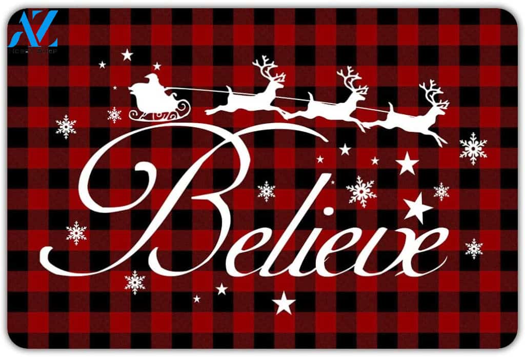 Christmas Buffalo Plaid Believe Decorative Doormat Indoor And Outdoor Mat Entrance Rug Sweet Home Decor Housewarming Gift Gift Friend Family Christmas Holiday
