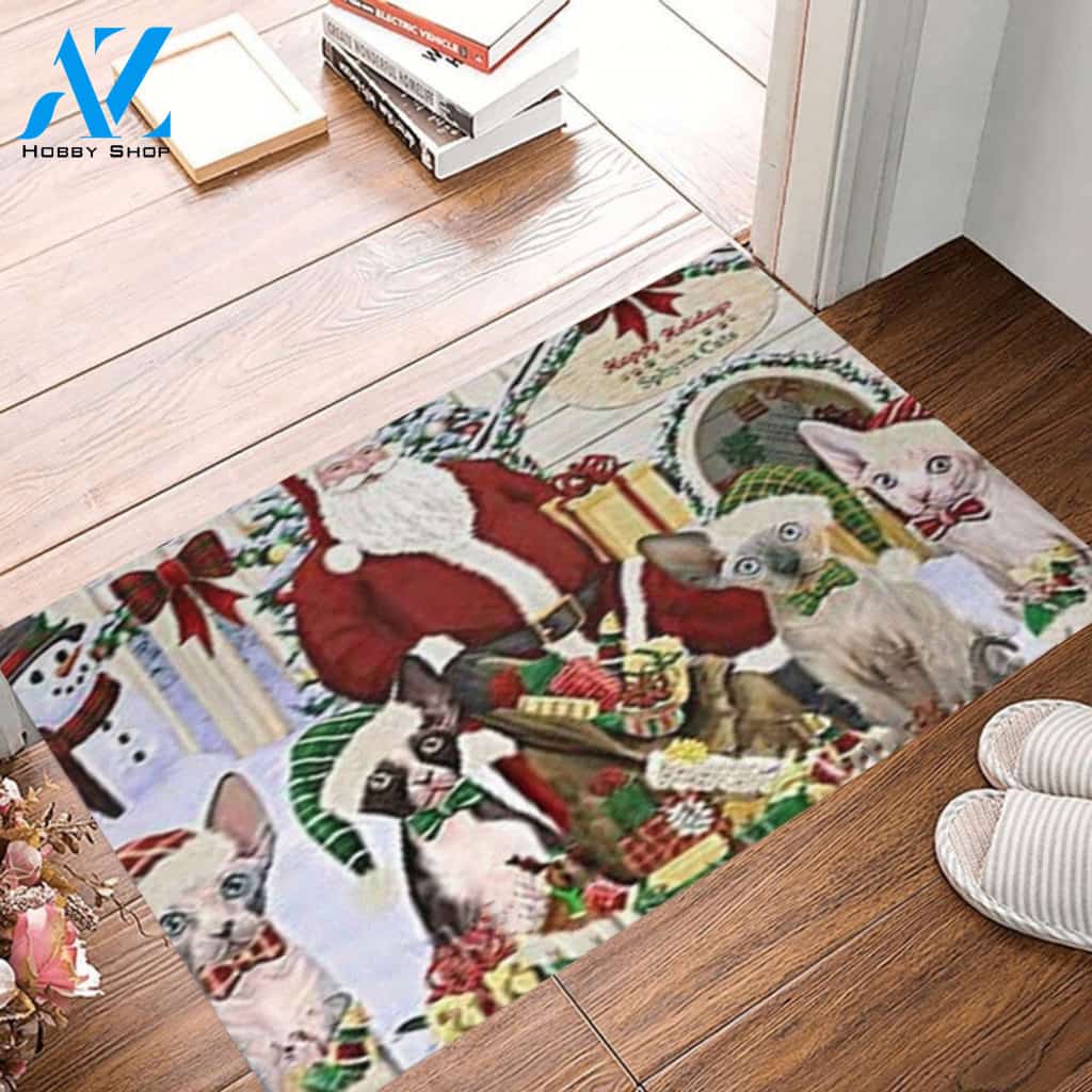 Christmas Cat House Sphynx Cats With Santa Claus Doormat Welcome Mat Housewarming Home Decor Gift For Cat Lovers Funny Doormat Gift Idea