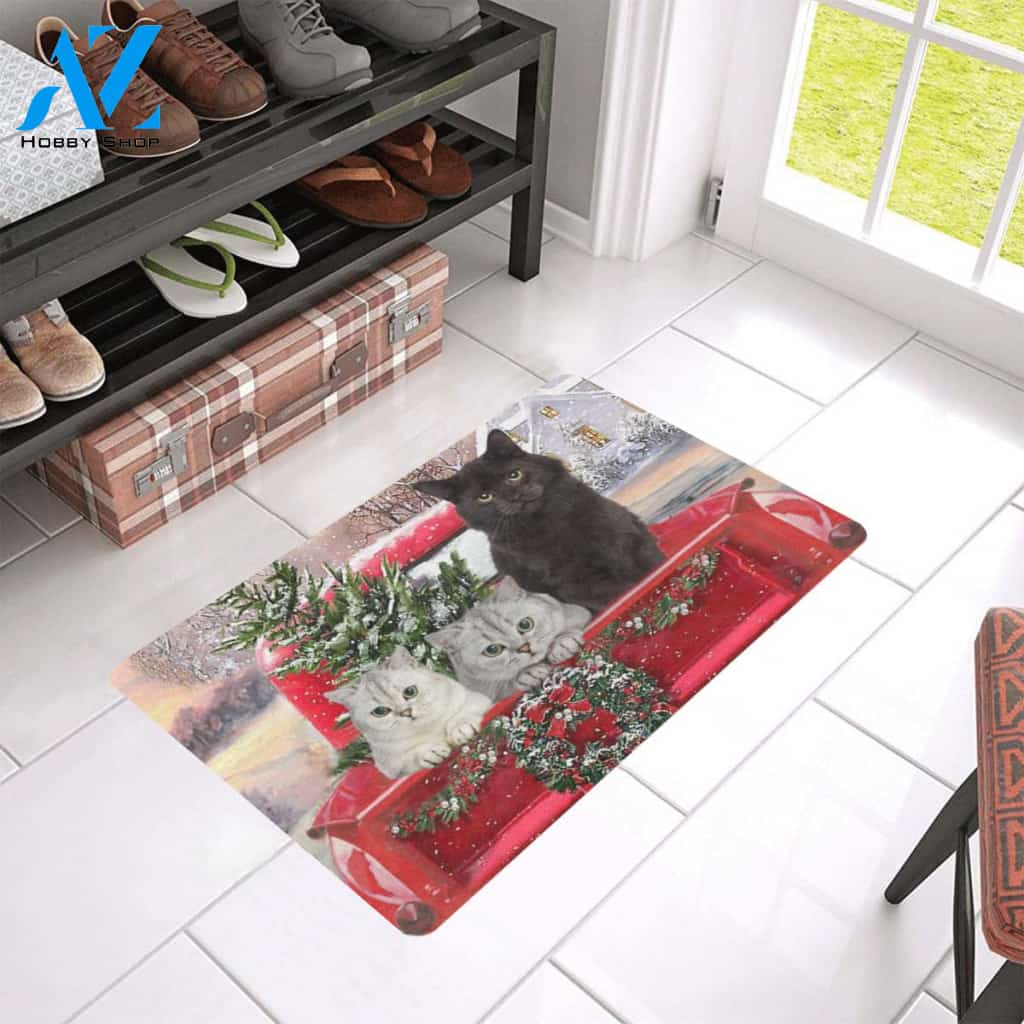 Christmas Cat Winter and Red Car Indoor And Outdoor Doormat Gift For Cat lovers Gift For Friend & Family Home Decor Warm House Gift Welcome Mat