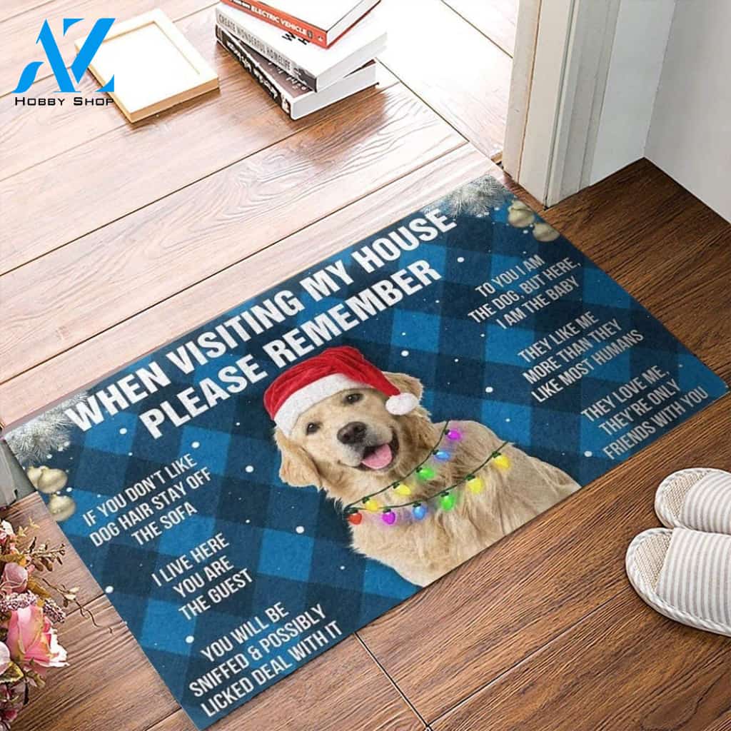 Christmas Golden Retriever Please Remember Dog's House Rules Blue Version Doormat Floor Rug Housewarming Home Living Home Decor Funny Doormat Gift Idea