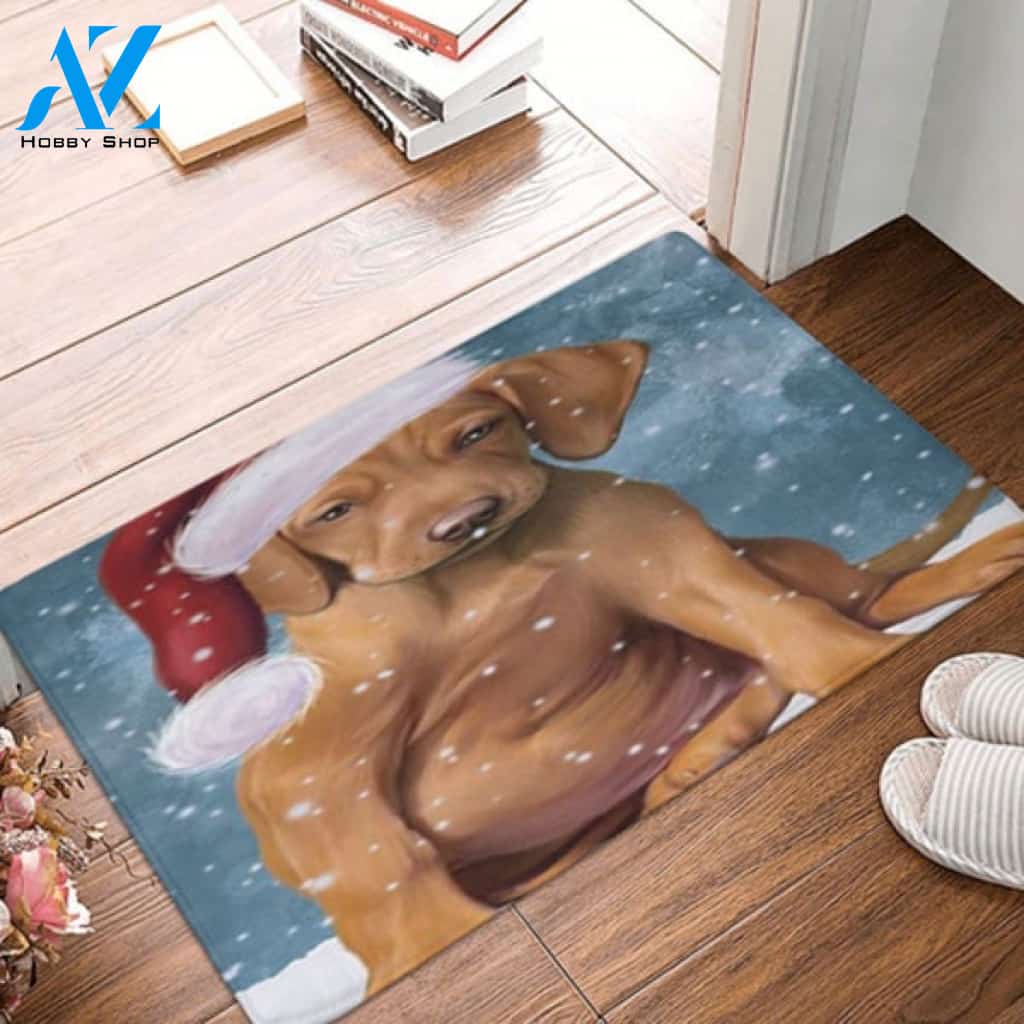 Christmas Holiday Vizsla Dog Wearing Santa Hat Doormat Welcome Mat Housewarming Home Decor Gift For Dog Lovers Funny Doormat Gift Idea