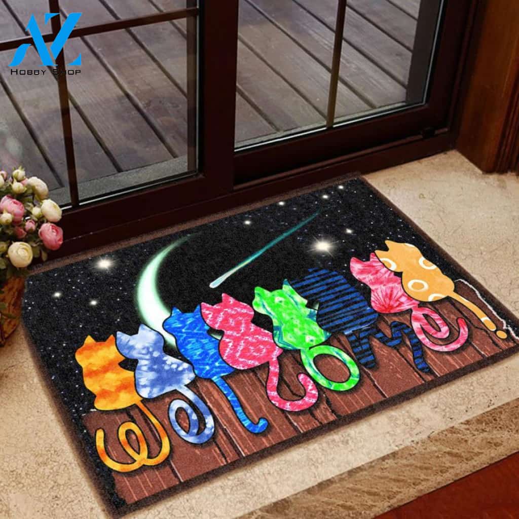 Colorful Cat Welcome Easy Clean Welcome DoorMat | Felt And Rubber | 40x60 cm | 45x75 cm | 60x90 cm | Colorful | DO1523