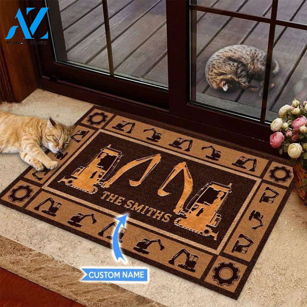 Compact excavator Basic Brown Custom Doormat | Welcome Mat | House Warming Gift