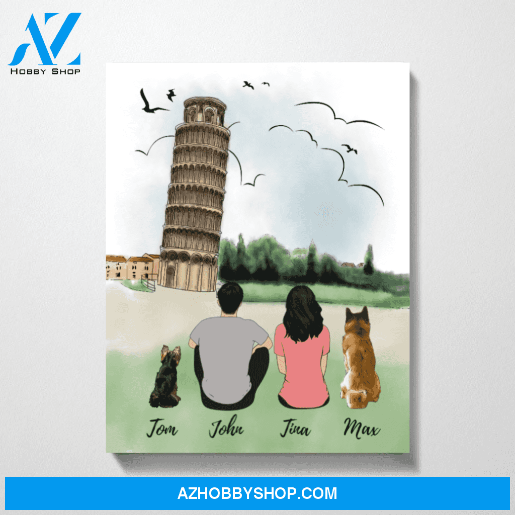 Couple and Dogs At Tower Of Pisa Premium Canvas
