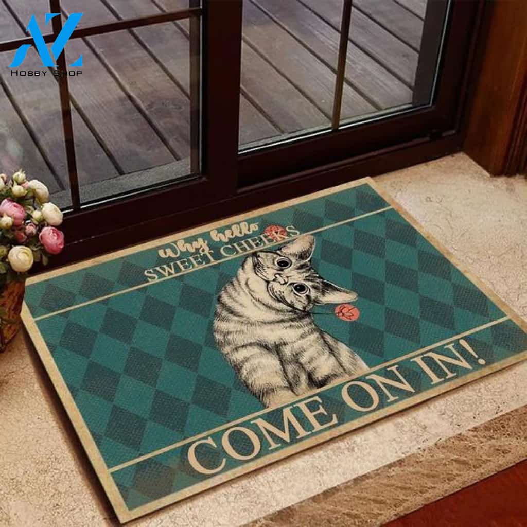 Curious Cat Why Hello Sweet Cheeks Come In Doormat