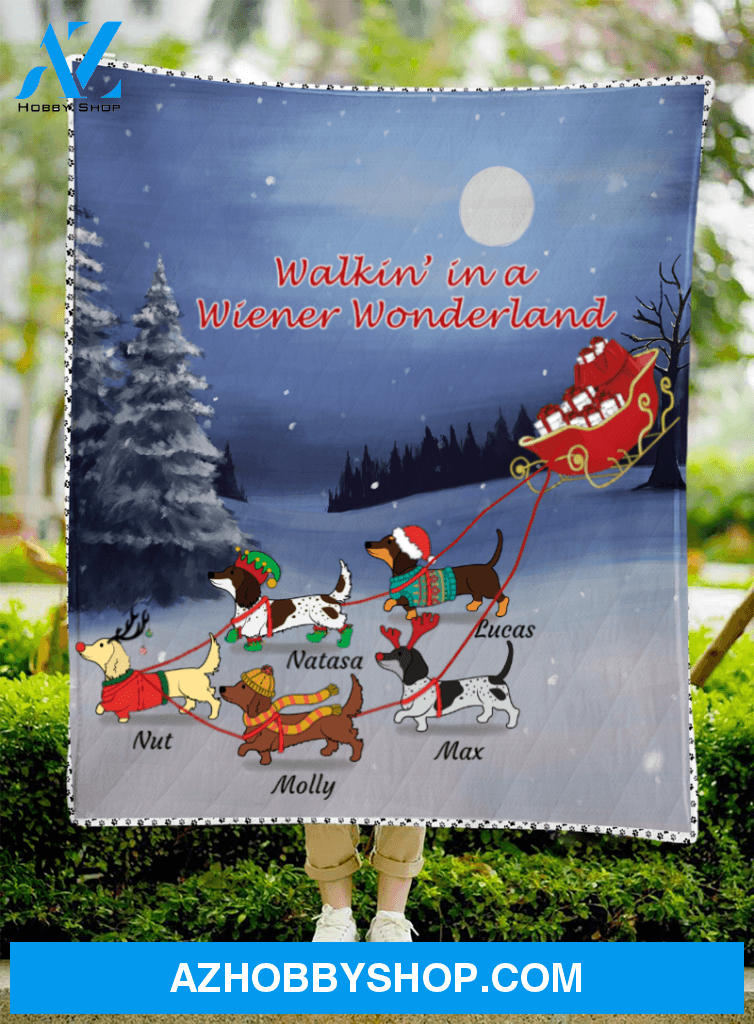 Custom Dog Blanket - Christmas Dachshund Dogs - Personalized Gift For Dog Lovers - Upto 5 Dogs Walkin' in a Wiener Wonderland Quilt Blanket