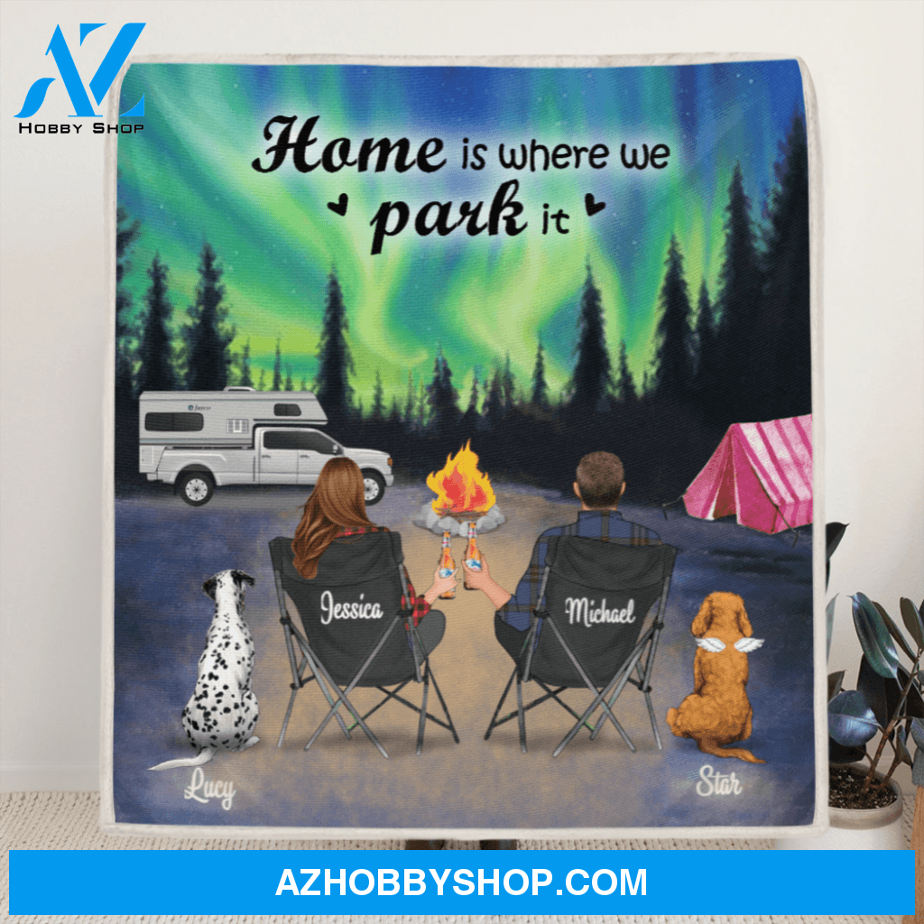 Custom personalized camping fleece blanket gift idea for couple - Couple with 2 Pets -Home Is Where We Park It - 341148
