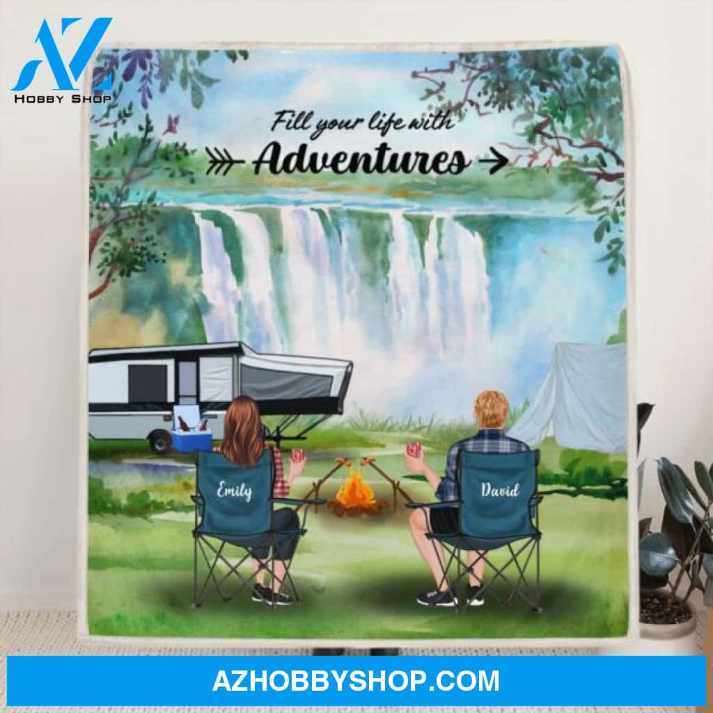 Custom Personalized Camping Quilt/ Fleece Blanket - Couple/ Parents With Upto 4 Kids And 4 Pets - Best Gift For Camping Lover - Fill Your Life With Adventures