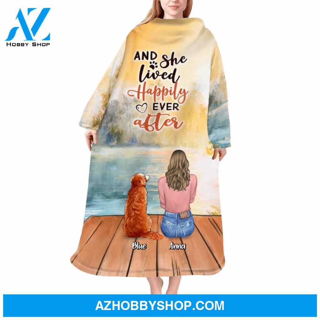 Custom Personalized Dog Blanket Robe With Sleeves - Gift for Dog Mom, Dog Lovers - Up to 6 Dogs - And she lived happily ever after