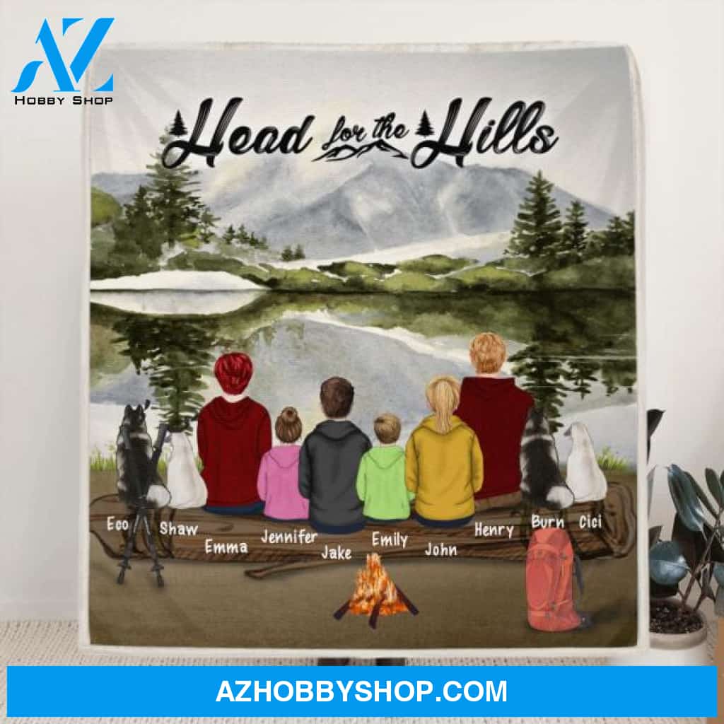 Custom Personalized Hiking Quilt/Fleece Blanket - Parents With Children/Man/ Woman/ Couple With Upto 6 Pets - Gift For Hiking Lover - Head For The Hills