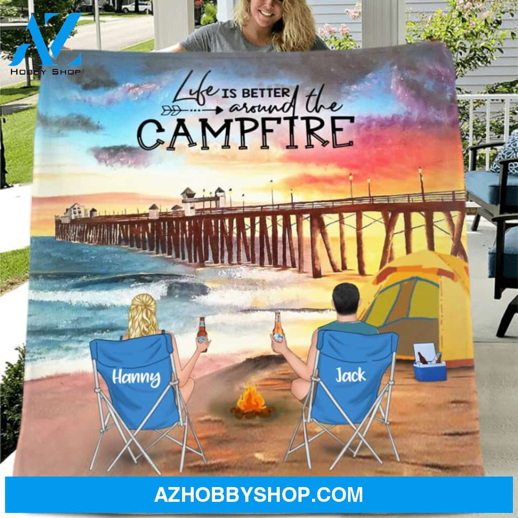 Custom Personalized Manhattan Beach Camping Fleece/ Quilt Blanket - Adult/ Couple/ Parents With Upto 2 Kids And 3 Pets - Gift Idea For Family/ Camping Lover - Life Is Better Around The Campfire