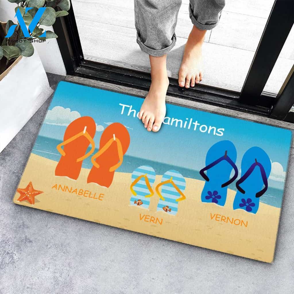 Custom Sunshine Beach Flip Flops Family Name Doormat Personalized Doormat, Housewarming Gift