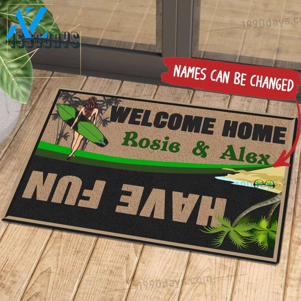 Customized Welcome Home Have Fun Woman Surfing Saint Patrick's Day Doormat | Colorful | Size 8x27'' 24x36''