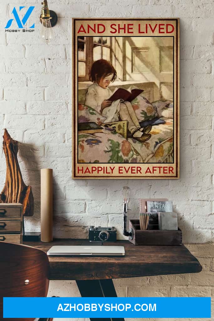 Cute Girl Reading Books She Lived Happily Ever After Canvas And Poster, Wall Decor Visual Art