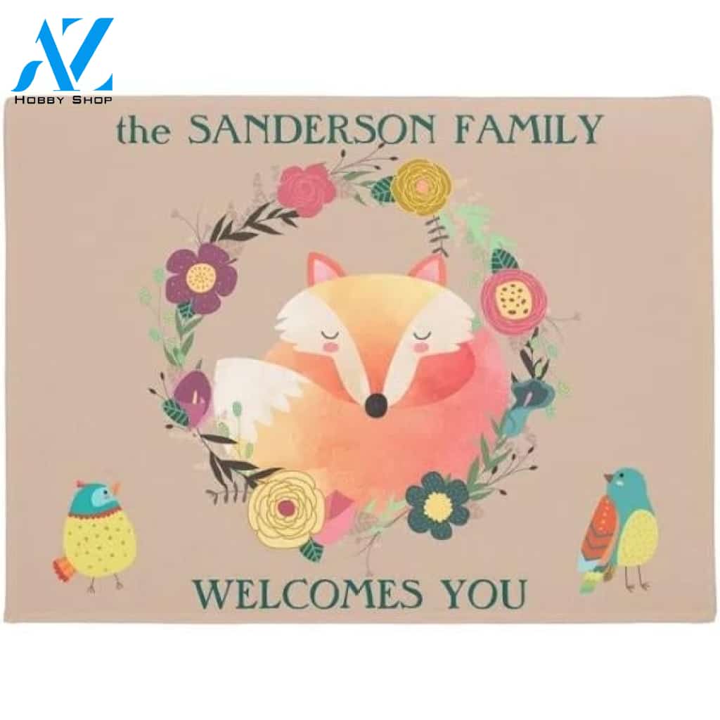 Cute Sleepy Fox in Floral Wreath Doormat