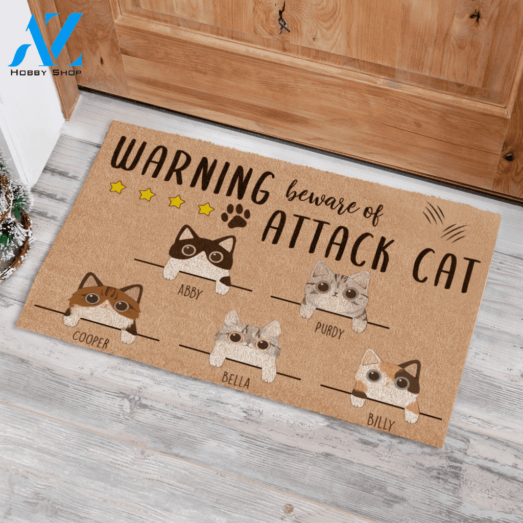 Cute Warning Berware Of Attack Cat Personalized Doormat TV