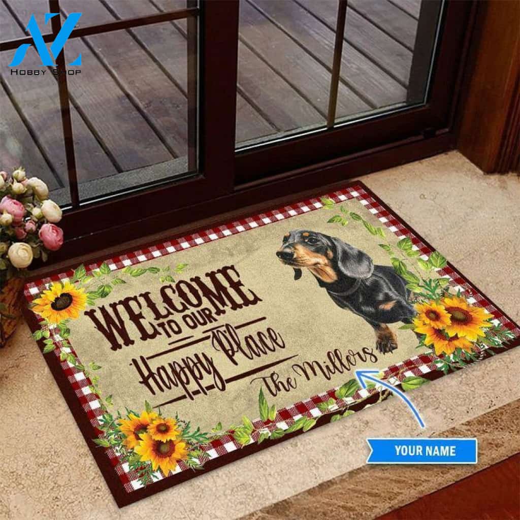 Dachshund Welcome To Our Happy Place Custom Doormat | Welcome Mat | House Warming Gift