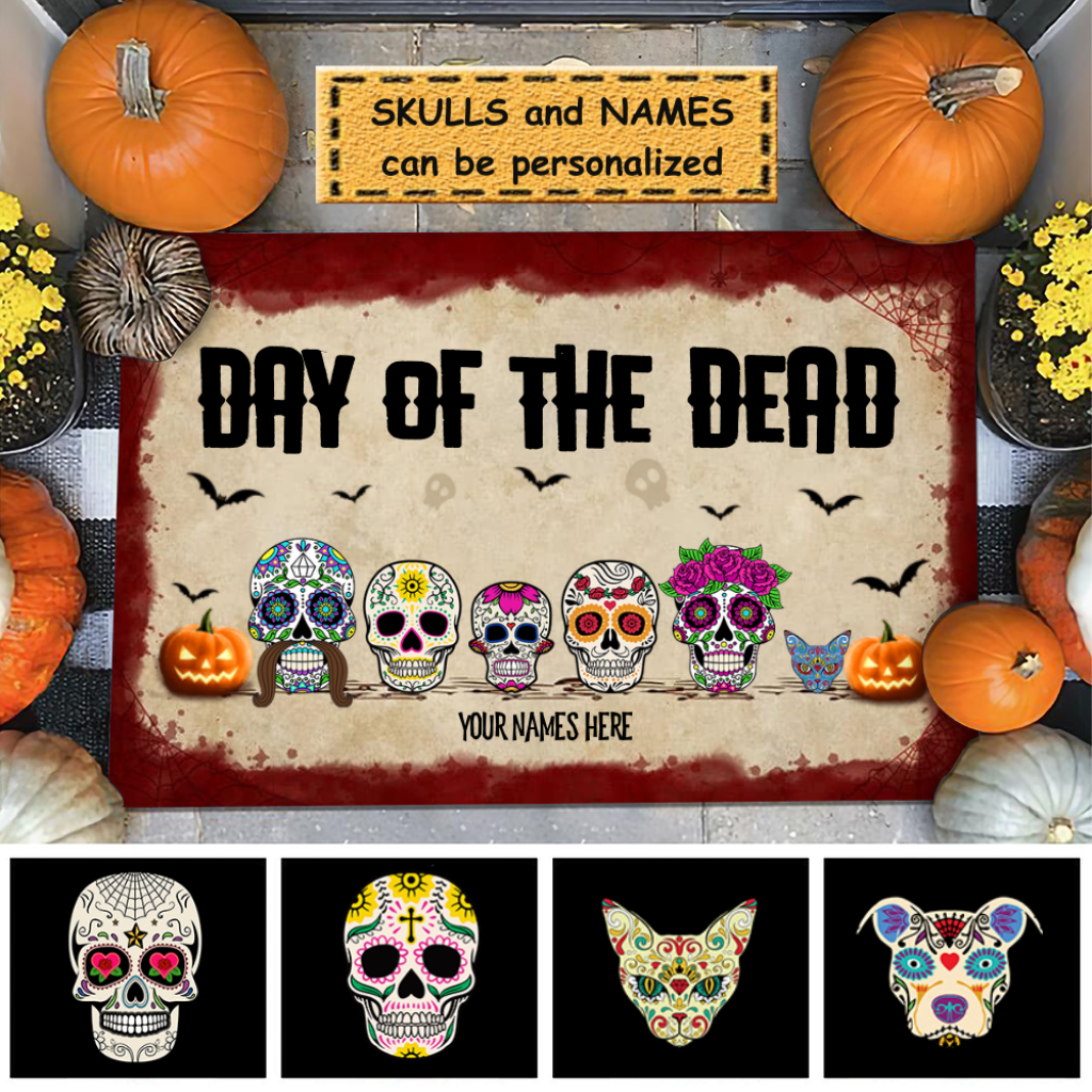 Day Of The Dead (Día de Muertos), Halloween Skull Family Custom Doormat DO0017