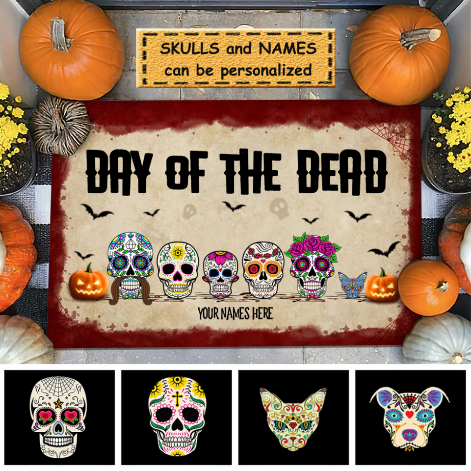 Day Of The Dead (Día de Muertos), Halloween Skull Family Custom Doormat DO0017